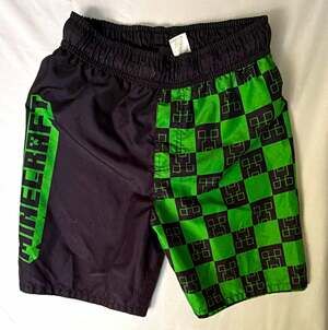 Minecraft Boys Black/Green Check Swim Shorts Trunks Elastic Waist size L